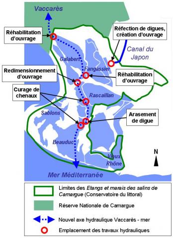 Localisation des travaux hydrauliques réalisés sur les étangs et marais des salins de Camargue dans le cadre du projet LIFE+ MC-SALT